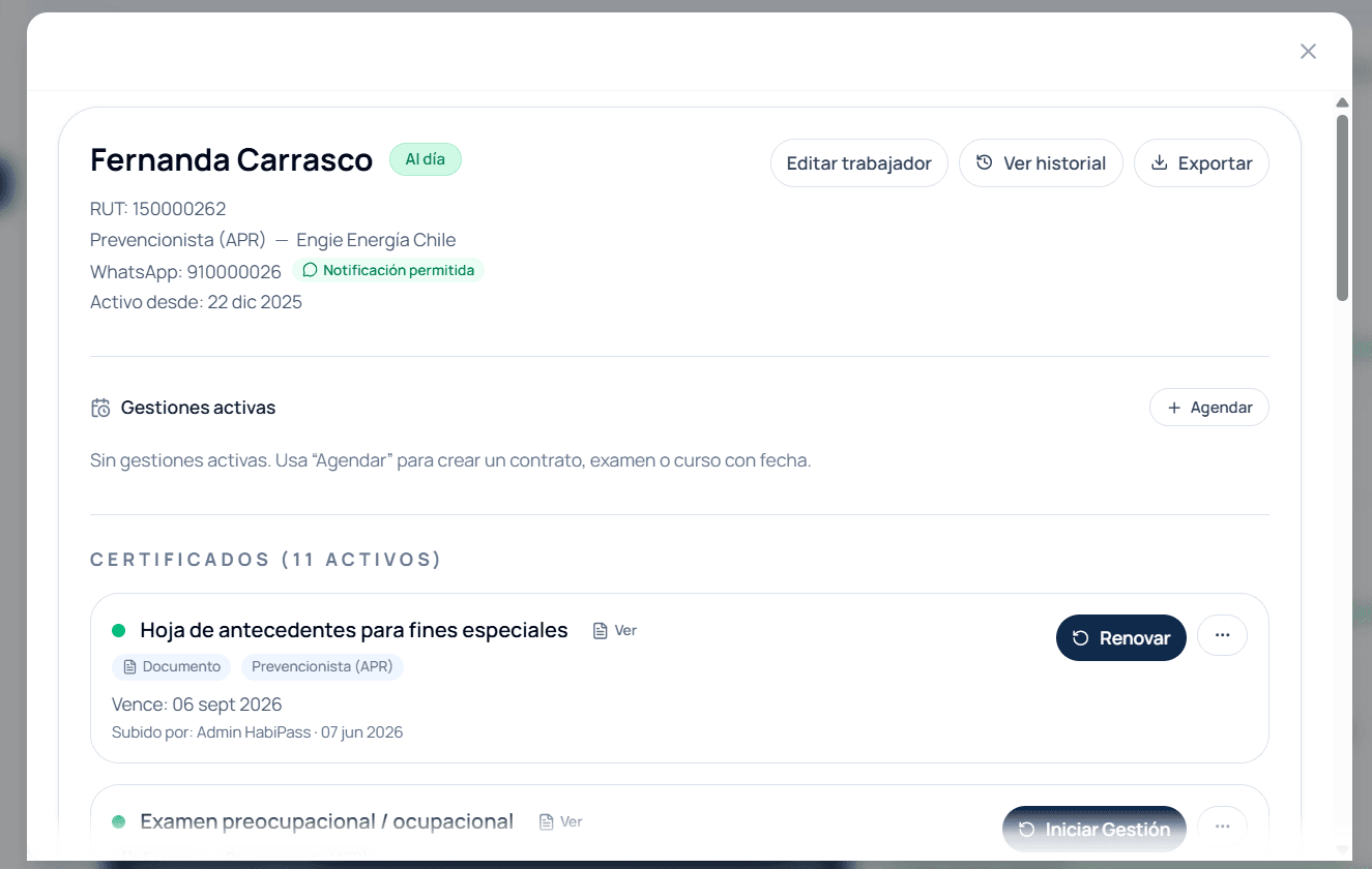 Expediente del trabajador en Habius, con documentos, estados y fechas de vencimiento